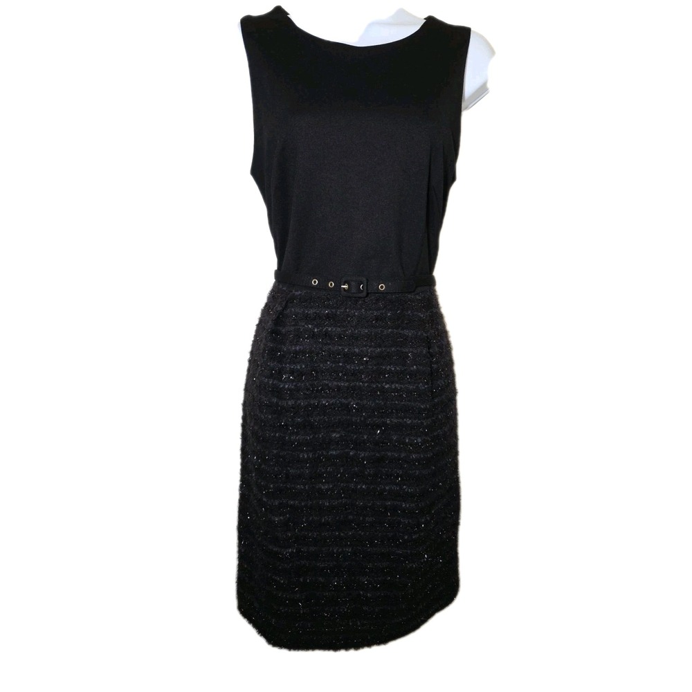 Lesley Evers Black Belted Metallic Fringey Tweed Contrast Sheath Dress Sz S